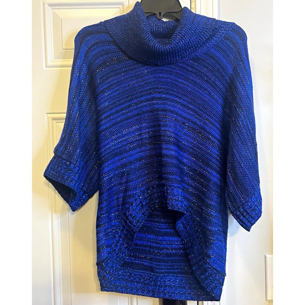 VTG Y2K Dressbarn Metallic Sweater Womens Petite XL Blue Black Sparkle Cowl Neck